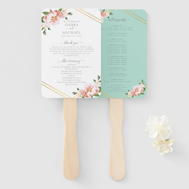 Blumenblush Gold Mint Green Wedding Program Fächer (Vorne und Hinten)