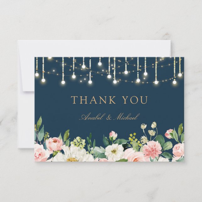 Blumenblush Navy String Lights Danke Karte (Vorderseite)