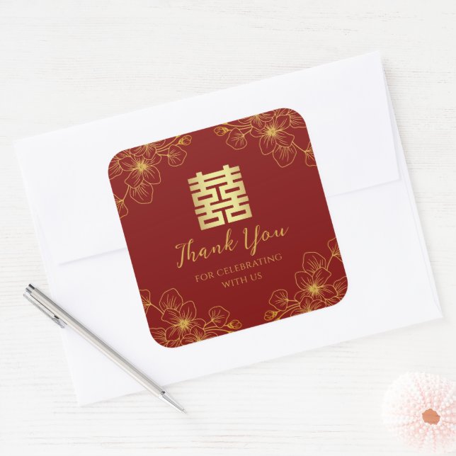 Blumenblüte Chinesische Hochzeit danke Quadratischer Aufkleber (Umschlag)