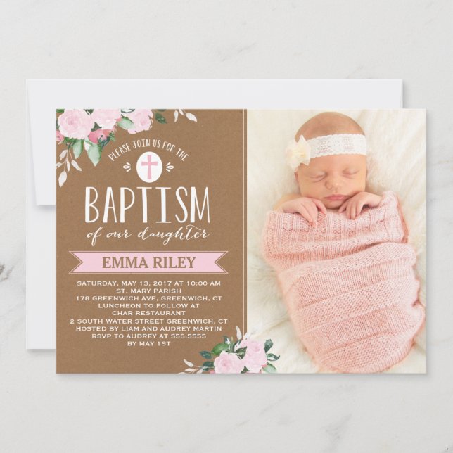 Blumenblüte Kraft | Baby Girl Taufe Einladung (Vorderseite)