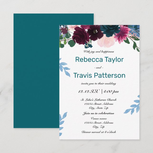Blumenblüten Aquamarin - 3x5 Hochzeit/Empfang Einladung (Vorne/Hinten)