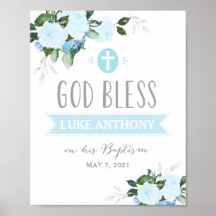 Blumenblüten-Gott segnen Taufe-Zeichen-Blau Poster