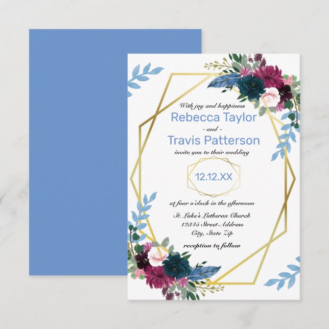 Blumenblüten Mod Blue - Einladung zur Hochzeit 3x5 (Vorne/Hinten)