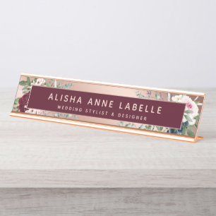 Blumenblüten Rose Gold & Burgund Schreibtischnamensplakette