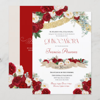 Blumenblüten Rot und Weiß Gold Quinceañera Einladung