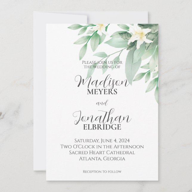 Blumenblütenhochzeit in Weiß und Grün Einladung (Vorderseite)