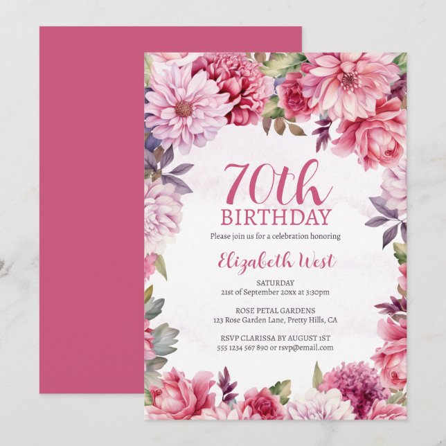 Blumenblütenpracht Heissrosa 70. Geburtstag Einladung (Vorne/Hinten)
