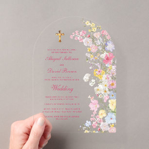 Blumenbogen religiöse Hochzeit auf der Wiese Acryleinladungen
