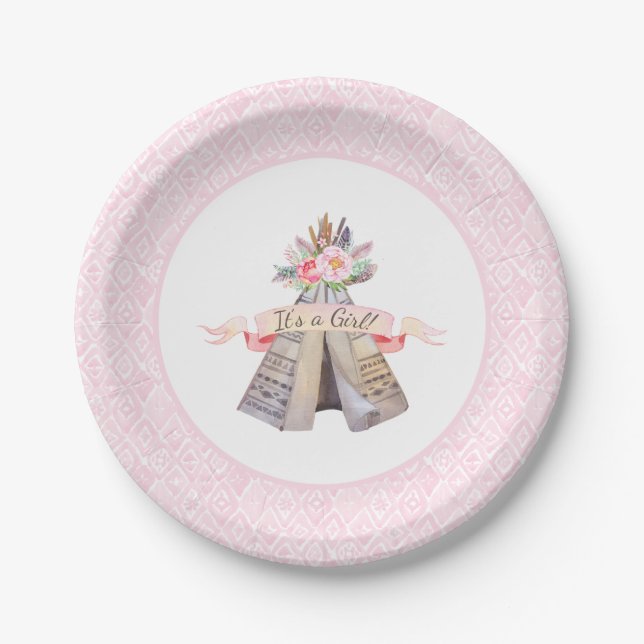 BlumenBoho Stammes- Teepee-Mädchen-Babyparty Pappteller (Vorderseite)