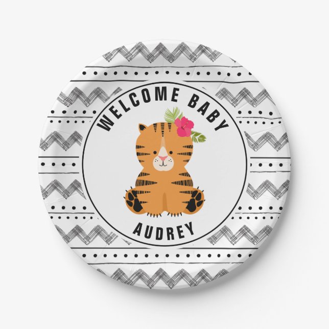 BlumenBoho Tiger-Schwarzweiss-Babyparty Pappteller (Vorderseite)