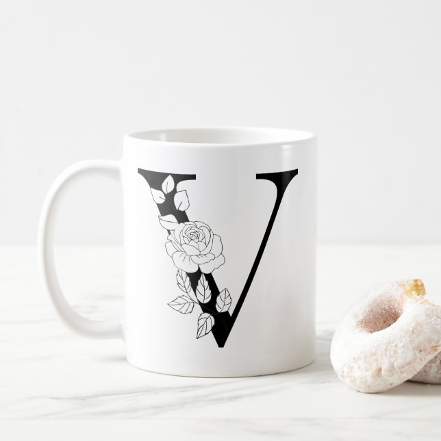 Blumenbotanischer Initialbrief V Monogramm V Kaffeetasse (Mit Donut)