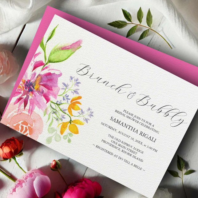 Blumenbraun - Einladungen Vibrant Rosa (Bridal shower invitations brunch and bubbly flowers watercolor art by Victoria Grigaliunas)