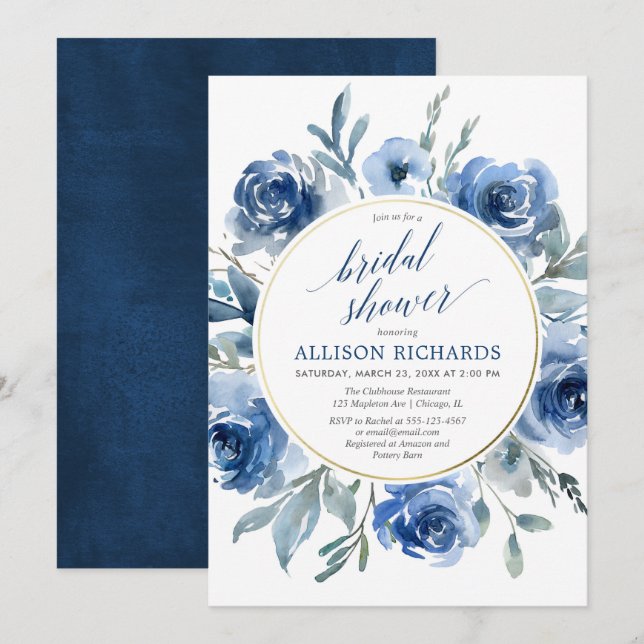BlumenBrautparty des eleganten blauen Wreath Einladung (Vorne/Hinten)