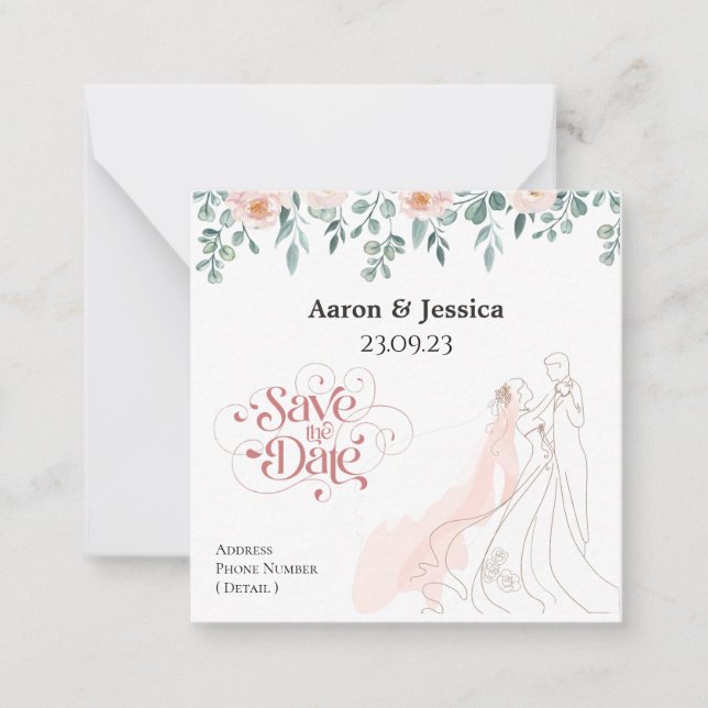 Blumenbride und Groom-Illustration Save the Date Mitteilungskarte (Vorderseite)