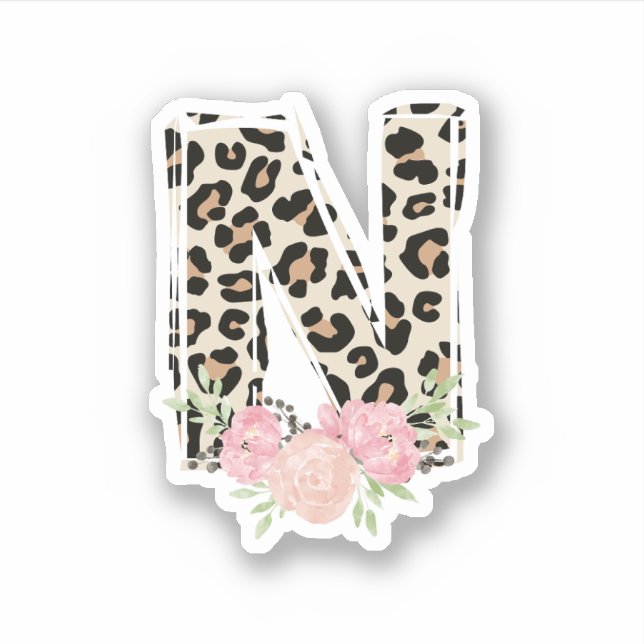 Blumenbrief N Anfangsname Leopard Cheetah Print Aufkleber (Vorderseite)