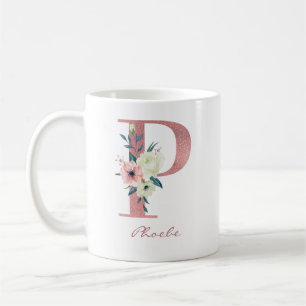 Blumenbrief P Initial - Rosa und Elfenbein Bouquet Kaffeetasse