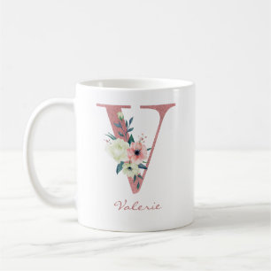 Blumenbrief V Initiale - rosa und elfenbeinfarbene Kaffeetasse