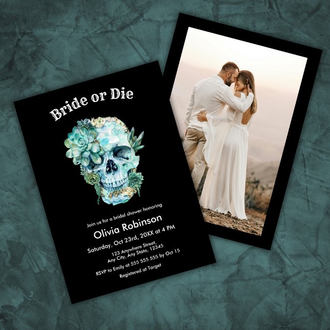 Blumenbrille oder Halloween-Brautparty Die Einladung (Floral Skull Photo Bride or Die Halloween Bridal Shower Invitation )