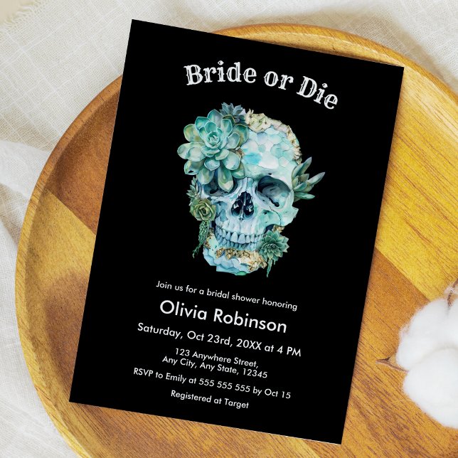 Blumenbrille oder Halloween-Brautparty Die Einladung (Floral Skull Bride or Die Halloween Bridal Shower Invitation )