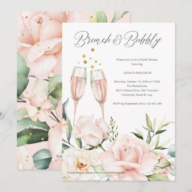 Blumenbrunch mit blubbly blush pink chic mimosa einladung (Vorne/Hinten)