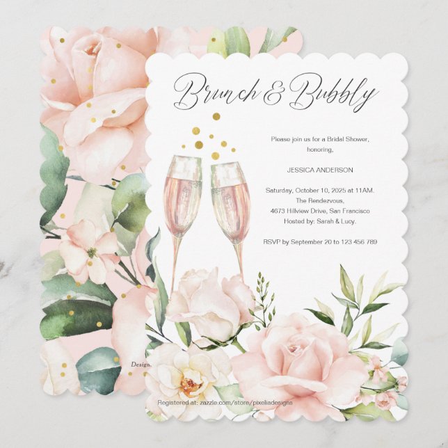 Blumenbrunch und blubbly blush pink chic mimosa in einladung (Vorne/Hinten)
