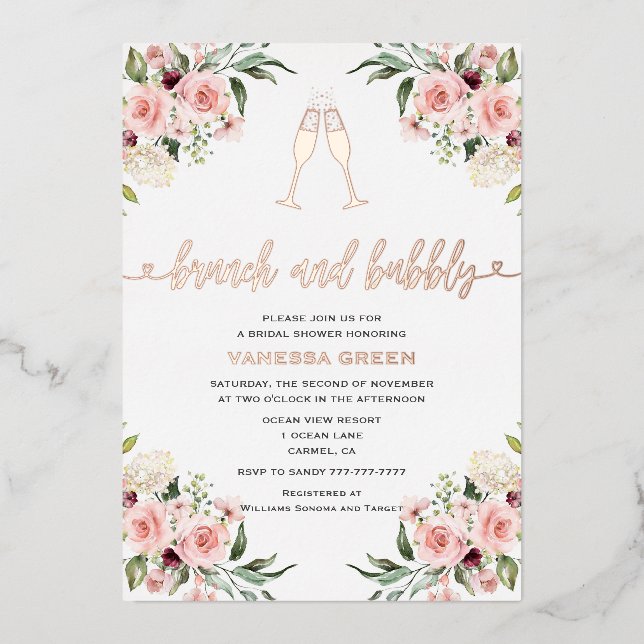 Blumenbrunch und Bubbly Brautparty Rose Gold Folieneinladung (Vorderseite)