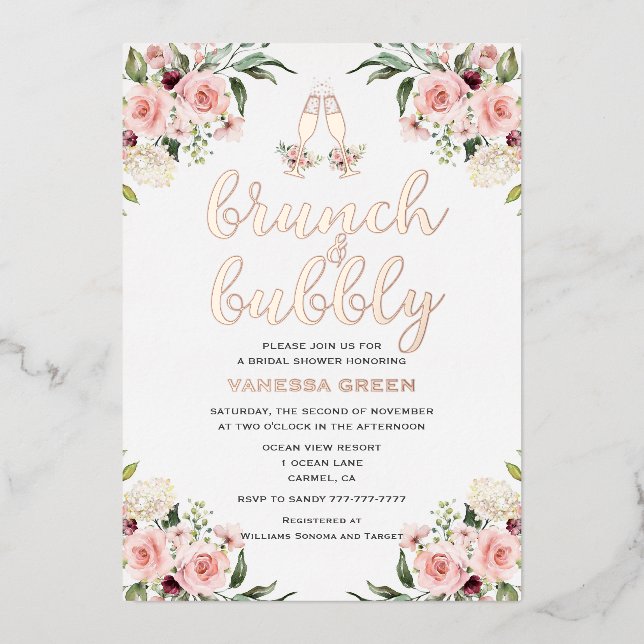 Blumenbrunch und Bubbly Brautparty Rose Gold Folieneinladung (Vorderseite)