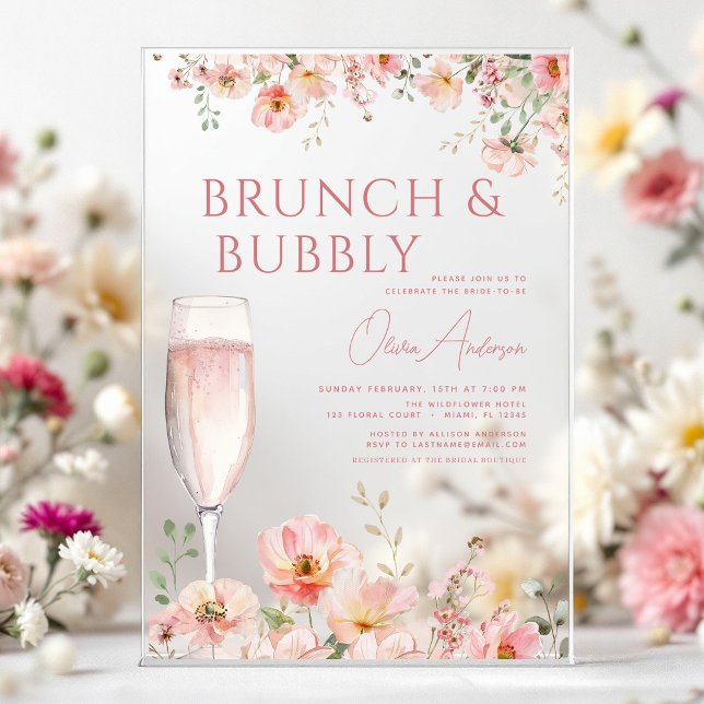 Blumenbrunch und Bubbly Champagne Brautparty Acryleinladungen (Von Creator hochgeladen)