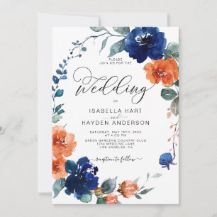 Blumenbrurnt Orange Navy Rust Watercolor Hochzeit Einladung