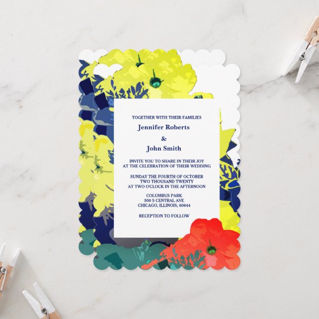 Blumenbrurnt Orange Yellow Navy Blue Green Wedding Einladung (Vorderseite/Rückseite Beispiel)