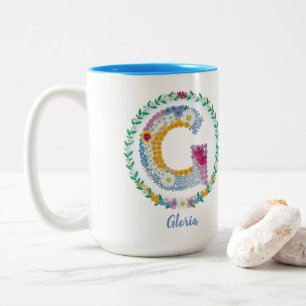 Blumenbuchstaben Initial "G" mit personalisiertem  Zweifarbige Tasse