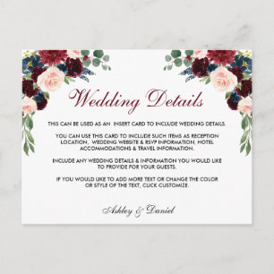 Blumenburgund Blue Wedding Details Beipackkarte Postkarte