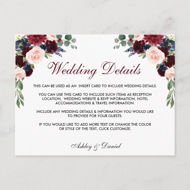 Blumenburgund Blue Wedding Details Beipackkarte Postkarte (Vorderseite)