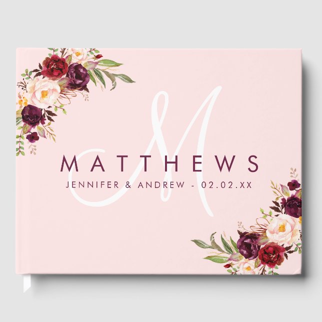 Blumenburgund Blush Pink Moderne Mongram Hochzeit Gästebuch (Vorderseite)