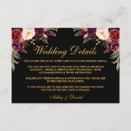 Blumenburgund-Hochzeitdetails Schwarze Beilage Kar Begleitkarte