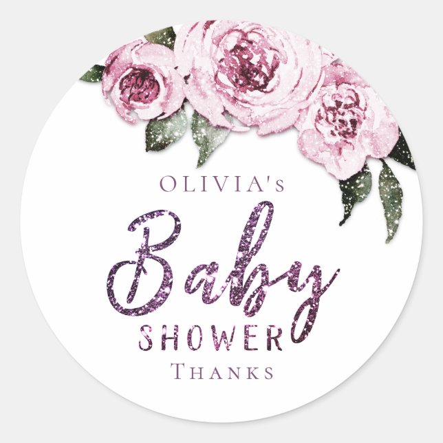 Blumenburgund lila Glitzer Babydusche Runder Aufkleber (Vorderseite)
