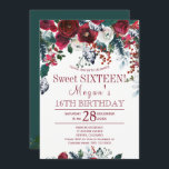 Blumenburgund Pinienwald im Winter 16 . Geburtstag Einladung<br><div class="desc">Eleganter floraler Chic 16 . Geburtstag / 16. Geburtstagsgeschenk-Einladung mit einem Haufen roter Bordeaux-Peony-Rose mit piniengrünen Wintersaison Tannenzweigen und Blattwerk. Füllen Sie Ihre Informationen in den Flecken, Sie können wählen, um es anzupassen, indem Sie die Hintergrundfarbe auf beiden Seiten, Schriftart und Farben der Schrift ändern. — Die Einladung ist geeignet...</div>