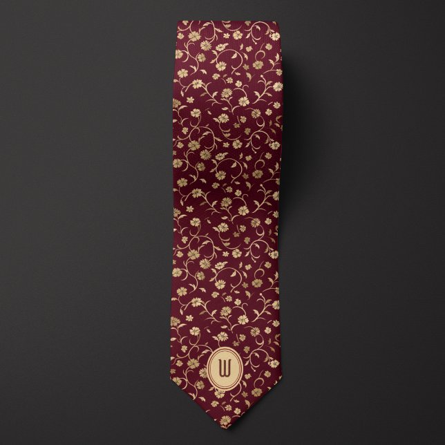 Blumenburgund und Goldmonogramm Krawatte (Von Creator hochgeladen)