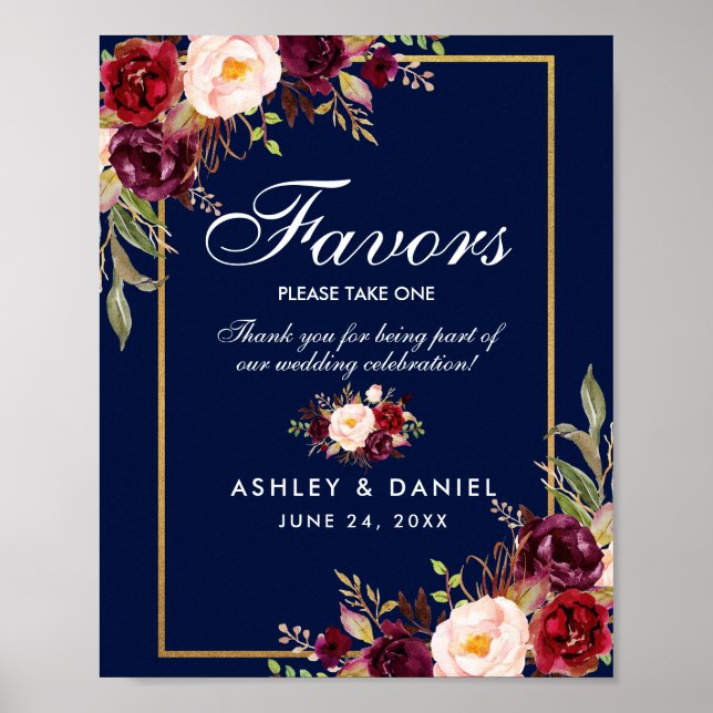 Blumenburgundy Blue Gold-Gastgeschenke Hochzeiten Poster (Vorne)