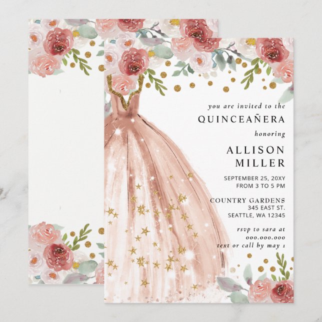 Blumenchic Blush Gold Glitzer Dress QUINCEAÑERA Einladung (Vorne/Hinten)