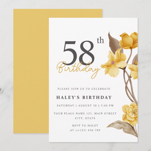 Blumenchic Elegant Simple Yellow 58. Geburtstag Einladung (Vorne/Hinten)