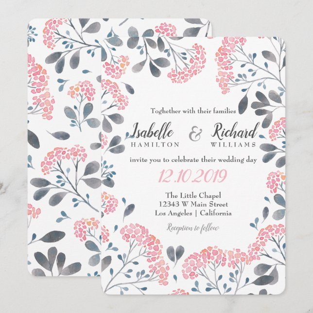 Blumenchic grau rosa Aquarellfarbenhochzeit Einladung (Vorne/Hinten)