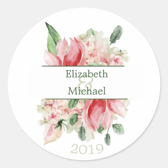 Blumenchic Hochzeit oder Verlobung Elegante Modern Runder Aufkleber (Vorderseite)