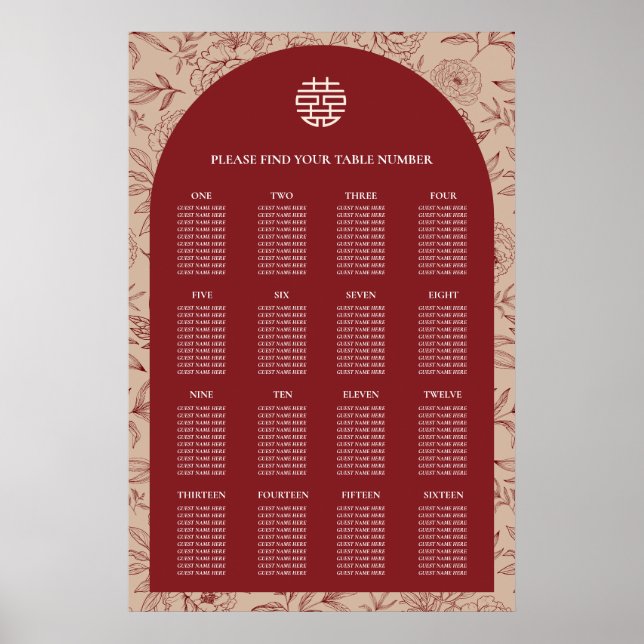 Blumenchinesisch Hochzeit 16 Tafelsitzkarten Poster (Vorne)