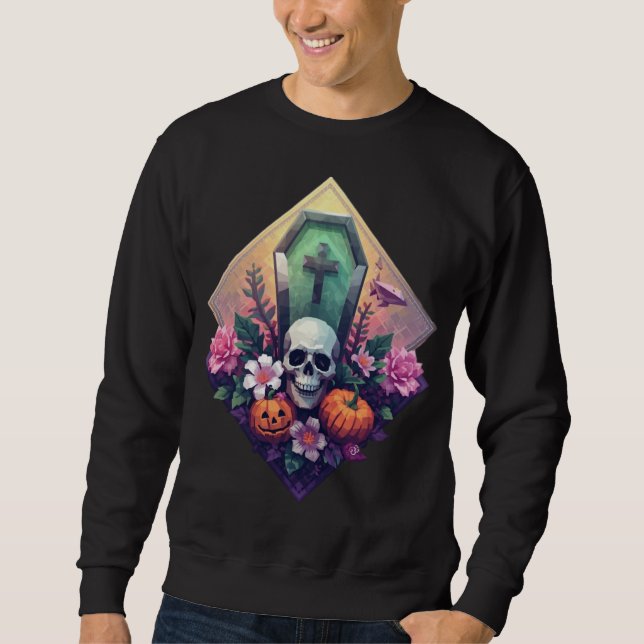 Blumencoffin-Schädel mit Kürbis-Pixel-Kunst Sweatshirt (Vorderseite)