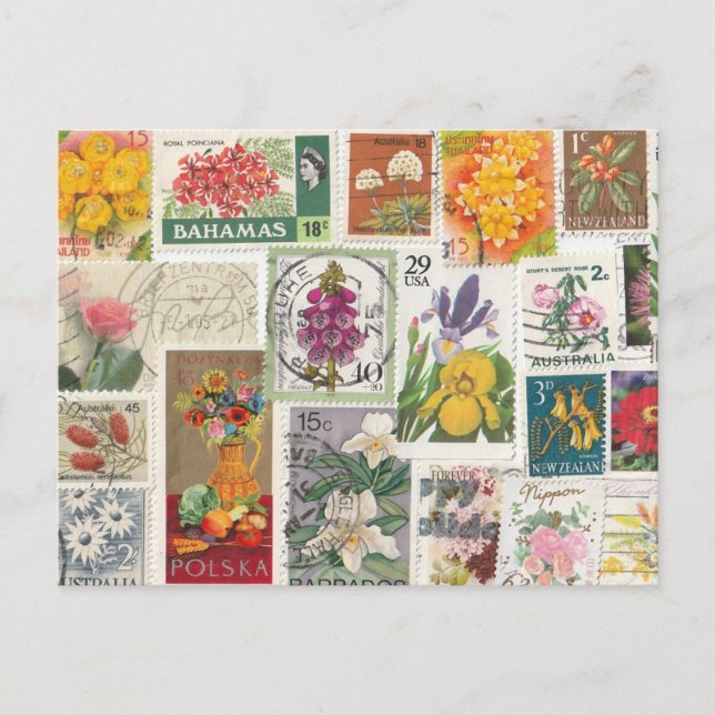 BlumenCollage - Weltweite Briefmarke Postkarte (Vorderseite)
