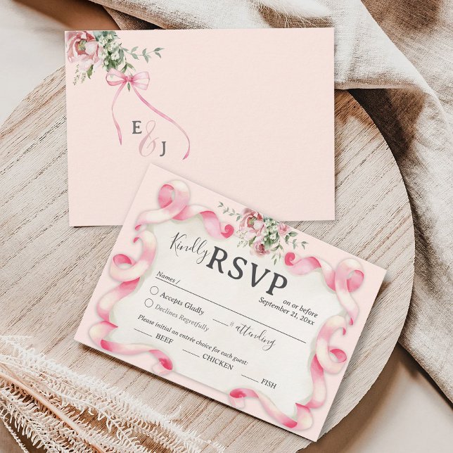 Blumencoquette Pink Bow Niedlich Vintage Hochzeit RSVP Karte (Cute coquette aesthetic blush pink ribbon bow floral wedding monogram invitation formal rsvp card)
