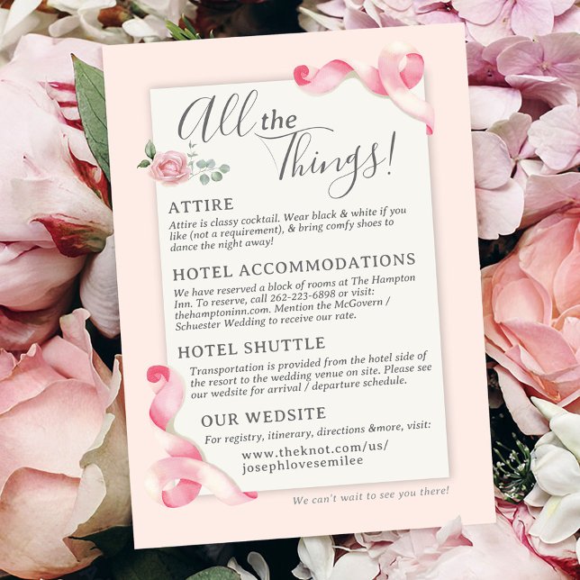 Blumencoquette Rosa Braut Details zur Hochzeit Begleitkarte (All The Things wedding day details enclosure insert card for Modern pink bow floral Coquette invite)