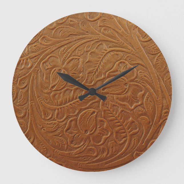 Blumencowboy-Western-Dekoration, braunes Leder. Große Wanduhr (Vorderseite)