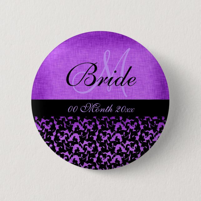 Blumendamast der lila schwarzen Hochzeitsbraut Button (Vorderseite)